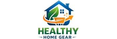 Official logo of Healthy Home Gear featuring a blue house icon, a green leaf, and an orange shopping cart, representing eco-friendly smart home product reviews.