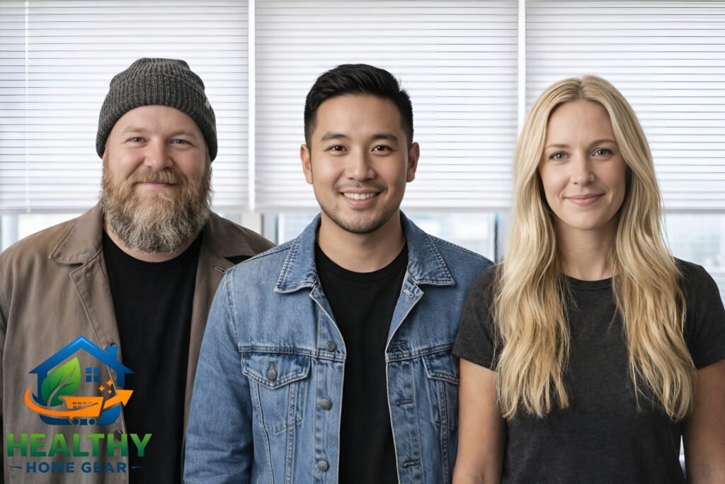 The Healthy Home Gear expert review team, from left to right: David Miller, Jones Pham, and Sarah Anderson, standing together in their office with the company logo.